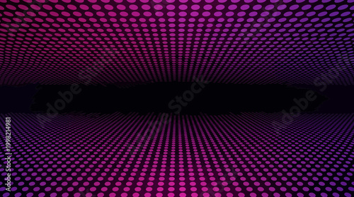 Abstract futuristic background featuring purple and pink halftone glowing dots in a perspective grid with a dark central void, representing digital data, symbolizing virtual reality space