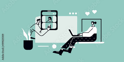 Video call illustration with people using laptop and smartphone