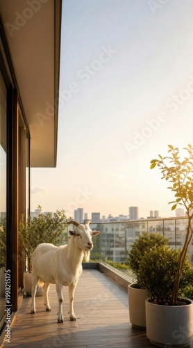 White goat standing on a balcony overlooking a city skyline at sunset