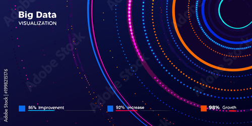 Abstract data visualization with colorful swirling lines and text