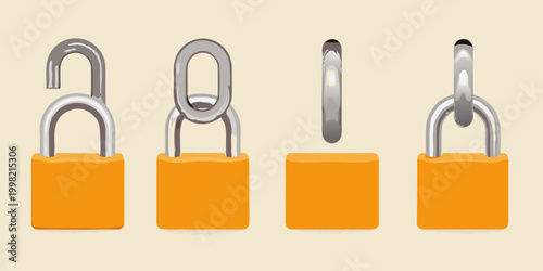 3d rendered padlock sequence showing opening and closing stages