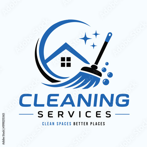 Professional cleaning services logo vector, residential house maintenance icon with broom and bubbles, blue and black janitorial service branding
