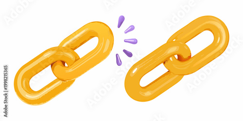 Two yellow chain links breaking apart illustration