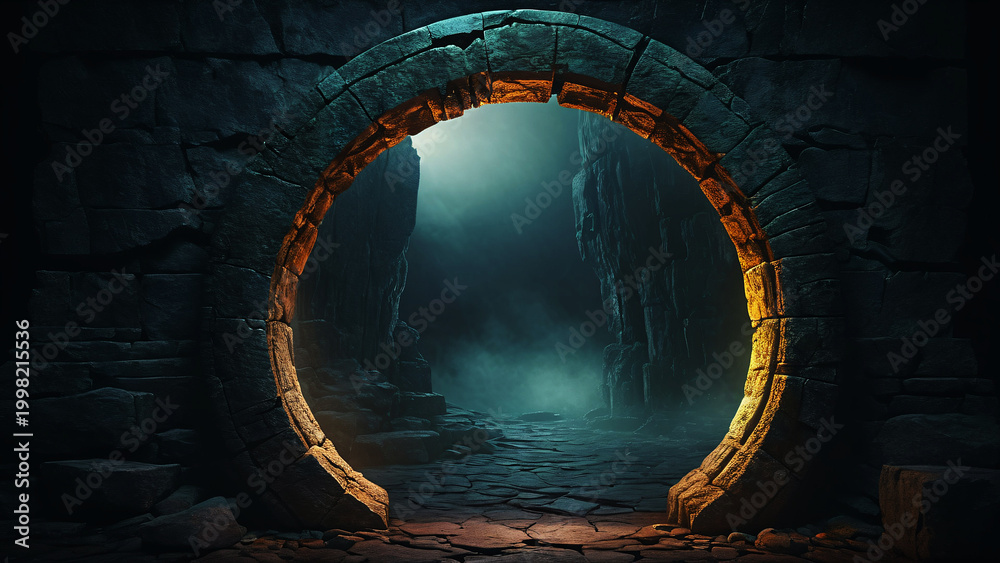 Fototapeta premium Warm Glowing Portal Ring in Stone Cave Entrance