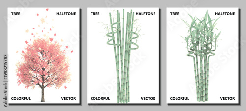 Halftone tree illustrations, vector set, pink cherry blossom, green bamboo, abstract plant designs, for poster or brochure, isolated on white background