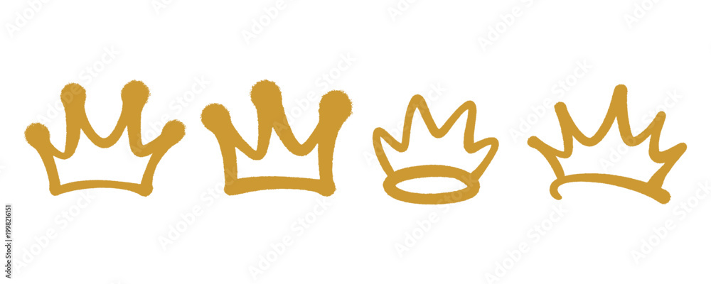 Obraz premium A professional collection of four king crown icons with a consistent spray paint aesthetic. Each symbol features subtle paint grains and a unique hand style graffiti tag outline.