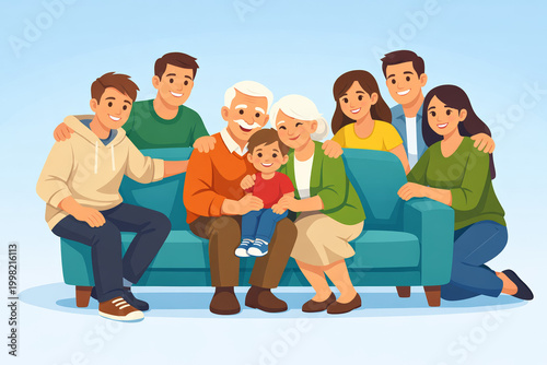 Happy multi-generational family sitting on a couch embracing for togetherness and loving support concept, showing grandparents, parents, and child