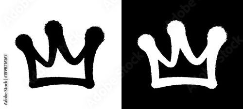 Minimalist white crown symbol executed with a spray paint texture on a dark background. This urban hand style graffiti tag offers a sharp and gritty look for modern street culture.