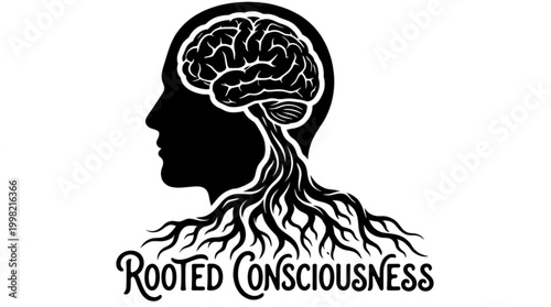 Human head silhouette with brain roots, symbolizing deep thought and connection to nature.