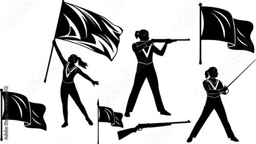 Color guard svg, Color guard flag svg, Marching band flag svg, Color guard rifle svg, Color guard sabres svg, Color guard silhouette, Color guard flag silhouette, Marching band flag silhouette