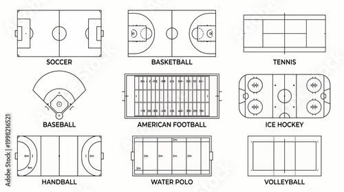 Collection of nine minimalist line art diagrams showing various sports field and court layouts on white background, representing athletic planning, symbolizing game strategy development