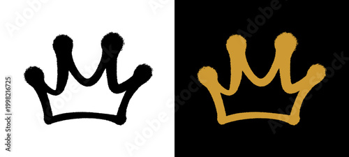 An urban king crown icon featuring a realistic spray paint texture with fine mist grains. This street art hand style design captures a raw and royal aesthetic for underground brands.