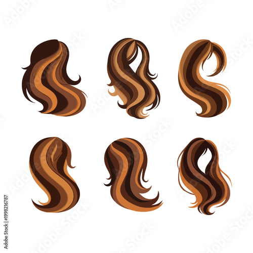 Collection of six stylized brown and blonde wavy hairstyles rendered in a flat vector illustration style