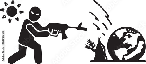 A black silhouette of a masked person shooting a gun at the earth