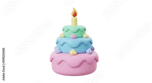 Colorful birthday cake with lit candle isolated on white background