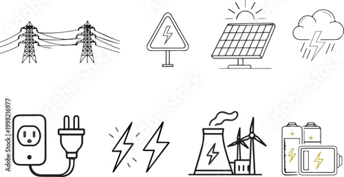 Renewable energy sources and power generation icons hand drawn style