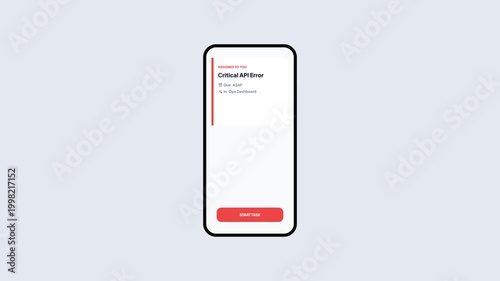 Developer Ops Dashboard UI Animation for Critical API Error Task Assignment with High Priority Alert on Mobile Screen