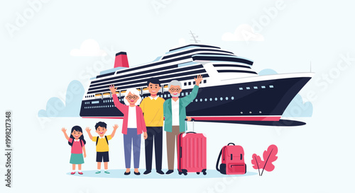 Happy multi-generational family standing with luggage in front of a large cruise ship preparing for a vacation voyage.