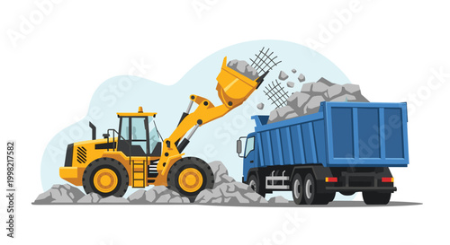 Yellow wheel loader loading a pile of rocks and debris into the back of a large blue dump truck at a construction site.