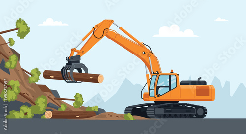 Heavy-duty orange log loader or excavator with a grapple attachment moving timber on a hillside at a logging site.