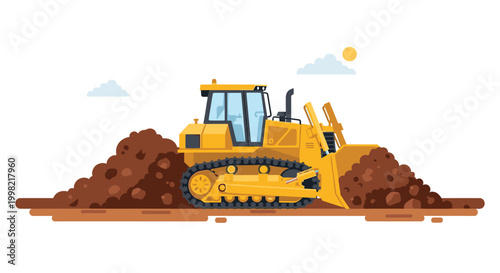 Large yellow bulldozer pushing a pile of dark brown earth and rocks at a construction or mining site under a sunny sky.