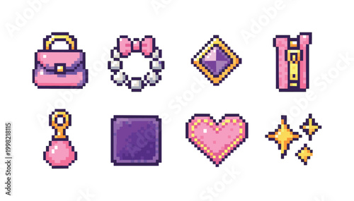 Cute pixel art icons featuring a handbag, necklace, gem, dress, perfume, square, heart, and stars
