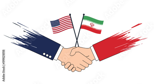 Conceptual illustration of a handshake between characters representing the United States and Iran with their national flags.