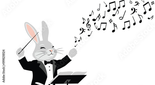 Professional rabbit conductor wearing a tuxedo and bowtie leading a musical performance with a baton and floating notes.