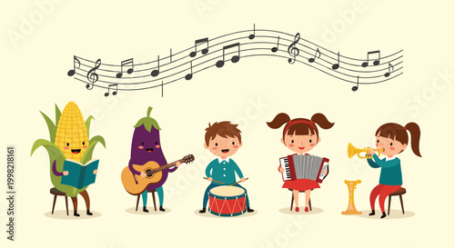 Corn and eggplant characters playing music together with three children using a drum, accordion, and trumpet on stage.