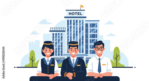 Professional hotel staff including manager and service workers standing proudly in front of modern city hotel building under sunny sky.