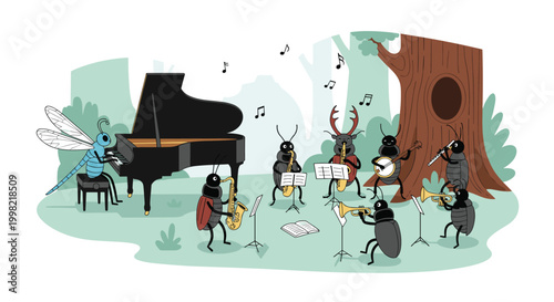 Group of talented insects including beetles and dragonflies playing various musical instruments in forest clearing with piano and saxophones.