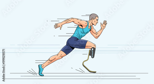 Determined paralympic athlete with prosthetic leg sprinting fast on running track with motion lines and blue background for sports theme.