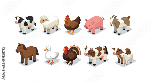 Collection of diverse farm animals rendered in a charming isometric cartoon style