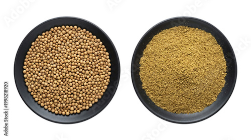 Isolated whole and ground coriander in black bowls, perfect for culinary and spice projects with transparent background.
