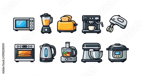 Collection of modern kitchen appliances in a flat design style