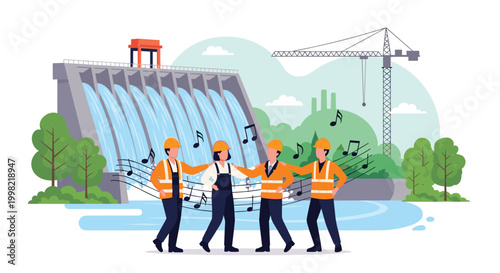Group of four engineers in safety vests and hard hats standing together in front of large hydroelectric dam with flowing water and music notes.