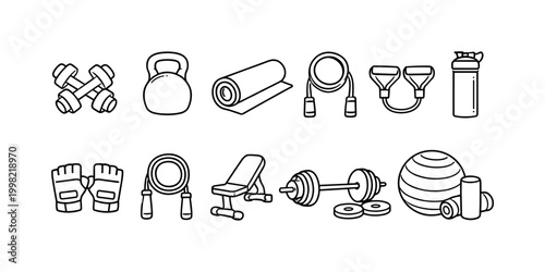Collection of hand-drawn fitness equipment icons for a healthy lifestyle and exercise
