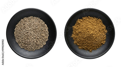 Isolated whole and ground cumin seeds and powder on black plates with transparent background.