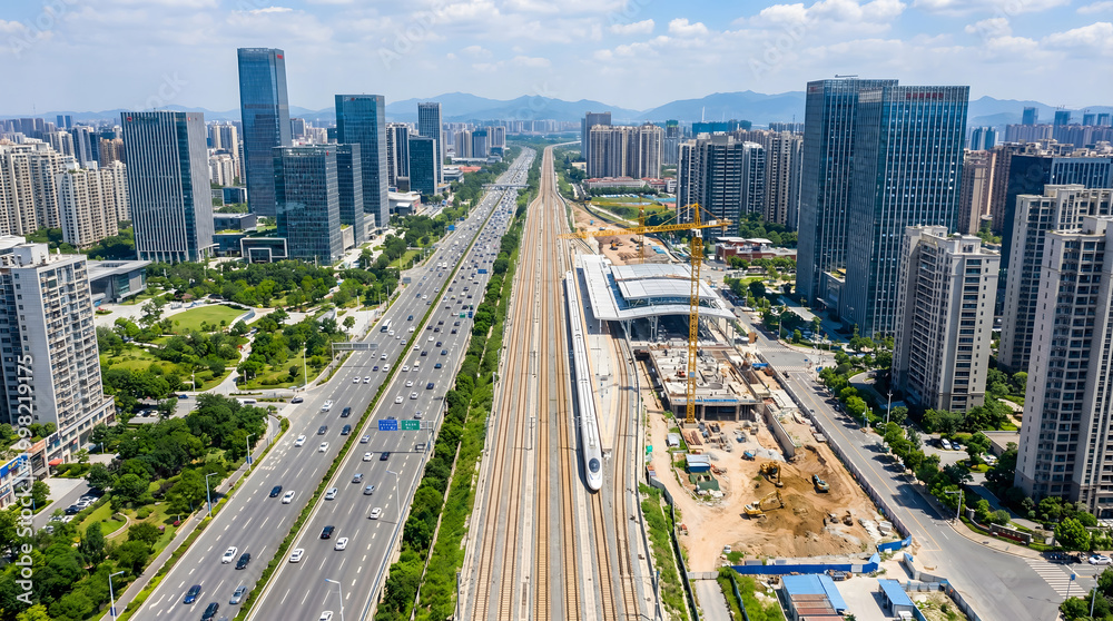 Naklejka premium High-speed train passing through a modern urban landscape with skyscrapers and busy traffic arteries