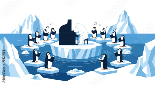 Large white polar bear playing black grand piano on an iceberg while a group of penguins on ice floes sing along in the Arctic sea.