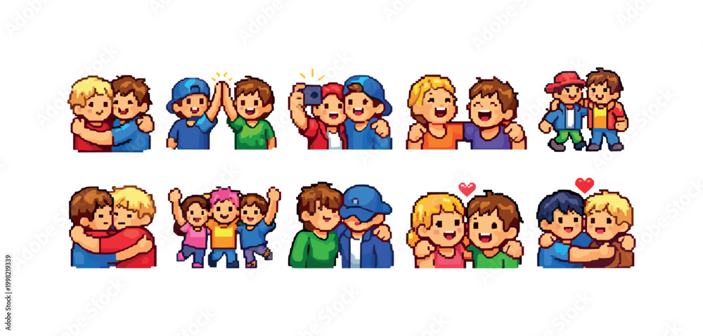 Fototapeta premium Pixel art characters showing friendship, hugs, and high fives in various poses