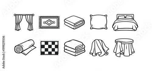 Collection of household textile and furniture icons in a simple line art style