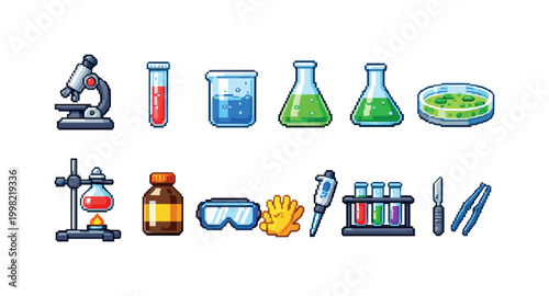 Pixel art laboratory equipment icons for science and research projects