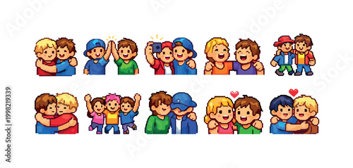 Pixel art characters showing friendship, hugs, and high fives in various poses