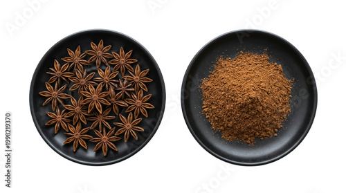 Isolated whole star anise pods and ground spice powder on black plates, top view with transparent background.