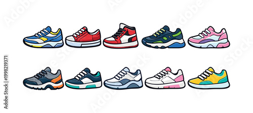 Collection of colorful athletic sneakers and running shoes displayed in a row