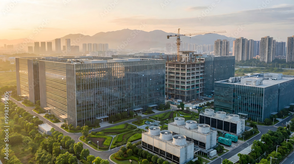 Obraz premium Modern industrial park complex with glass curtain walls and construction cranes at sunrise