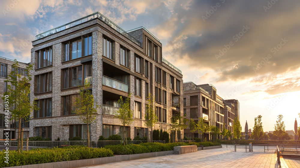 Obraz premium Modern residential architecture with clean lines, bathed in neutral tones under daylight. 