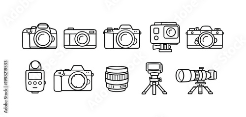 Collection of line art icons representing various photography equipment and cameras