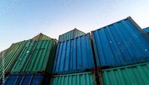 Stacked Shipping Containers: A striking composition of stacked shipping containers under a clear, open sky, showcasing the global logistics network that fuels modern commerce.
